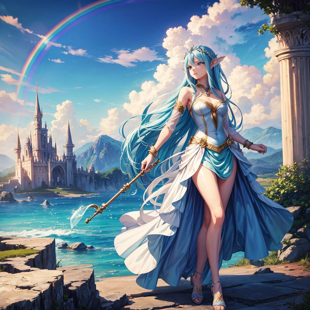 Dream concept, fairy tail, beautiful conceptual fairy, beautiful face, godess, a multicolor cloudy background, rainbow, magical stick, dreamy face, fairy tail, full body, landscape picture conceptual beautiful cartoonic face, full dress, single fairy full Body waving in air,