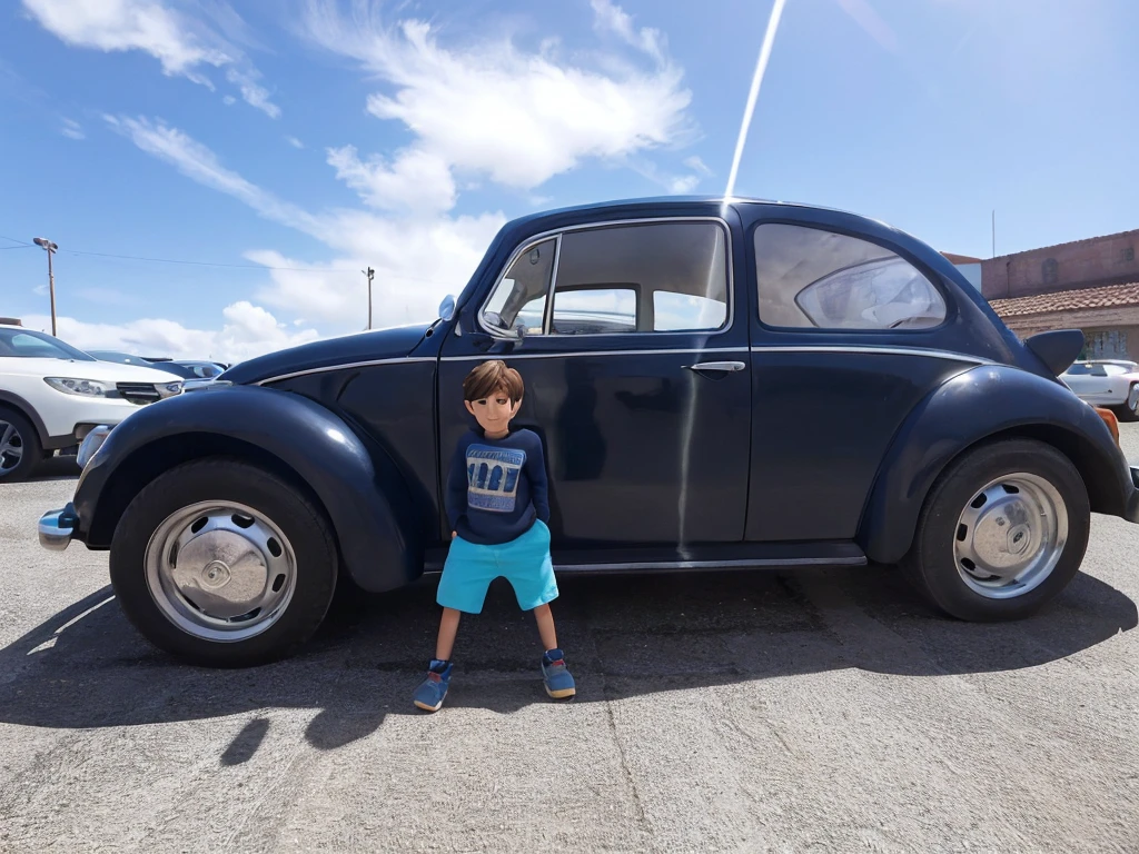 a boy in front of a car, Pixar-style, high qualiy, best qualityer