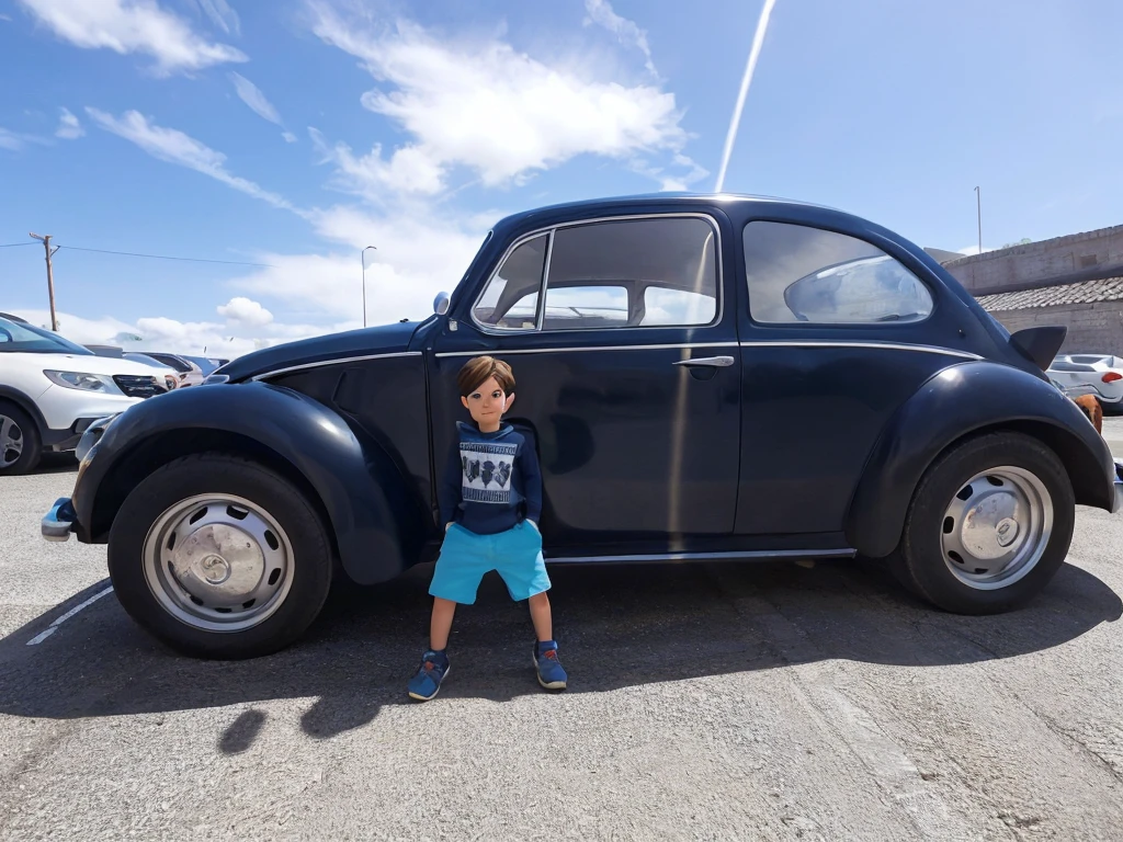 a boy in front of a car, Pixar-style, high qualiy, best qualityer