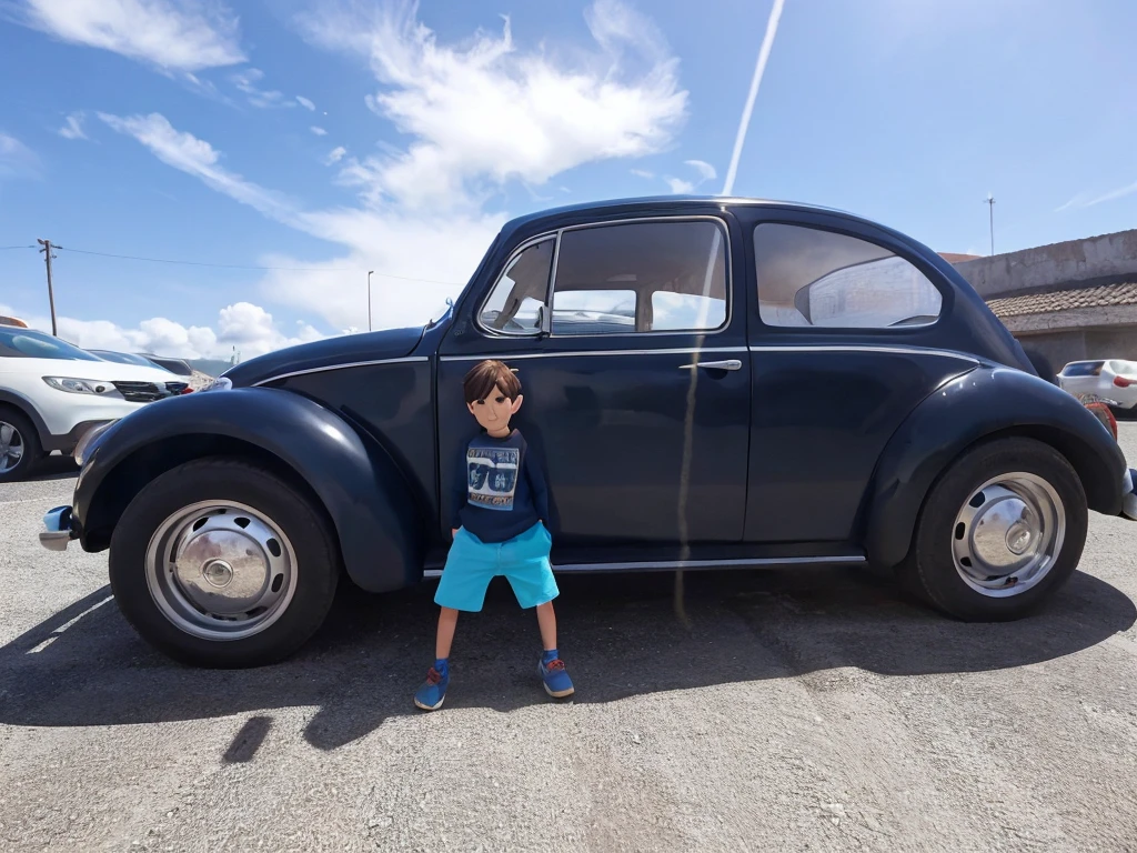 a boy in front of a car, Pixar-style, high qualiy, best qualityer