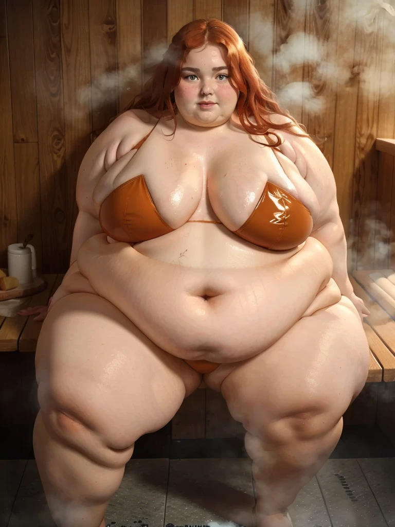 A sweating steamy photo of a young beautiful redhead ssbbw sitting in a detailed hot steam sauna with long wavy ginger hair soft fat belly, very wide fat obese hips, very obese legs, thick fat wide legs and fat arms, cute pretty face, small breasts, blue eyes, freckles, in a bikini sitting in a steam sauna sweating heavily and being hot, her cheeck are red