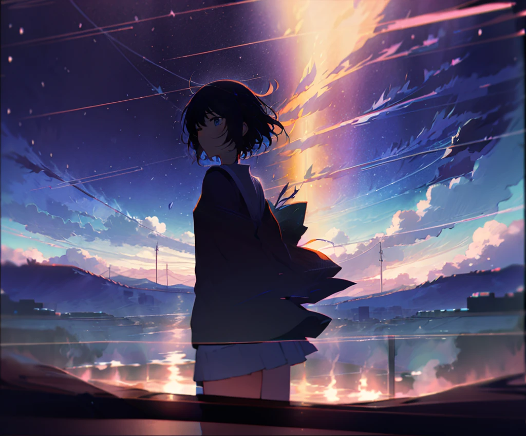 Films by Makoto Shinkai「Your Name。」Wallpapers inspired by. Starry Sky, masterpiece, Black silhouette, Perfect Anatomy, romantic, Kimi No Na Wa, Highly detailed face、girl、Cute face, Perfect Face, masterpiece, 4K, in love, Your name style, Kimi No Na Wa, Starry Sky,  Black silhouette, Shadow