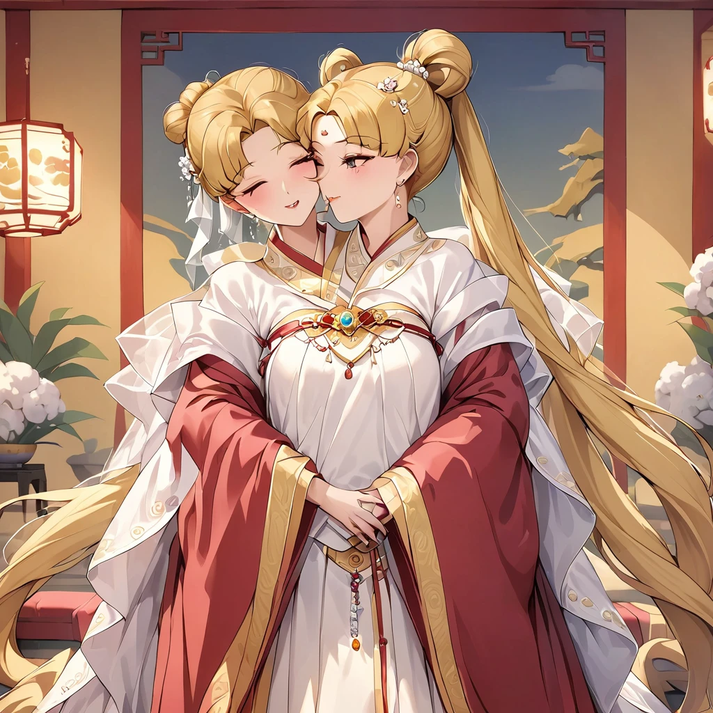 ((Highest quality)), ((masterpiece)), (detailed), （Perfect Face）、The woman is Tsukino Usagi, with long blonde hair in a chignon twin tail, and is the empress of the First Emperor of ancient China.、A woman is wearing a gorgeous and dazzling red ancient Hanfu wedding costume and luxurious jeweled accessories in an ancient Chinese palace, and is embracing and kissing a dignified man, the First Emperor, in a luxurious ancient Chinese palace.、The man is the First Emperor of ancient China, wearing a wedding dress and embracing the woman in a kiss of vows to get married.