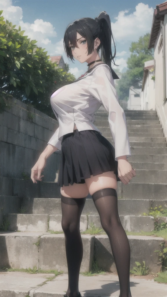 ((Correct Anatomy)),(Detailed image quality),(Female student)、((school uniform))、((Sailor suit))、(Mini Pleated Skirt),(((Black Stockings))),((School Uniform)),((standing)),Ultra-high resolution,Mature Woman, Mature Woman, Very detailed,Sunburned skin,Brown Skin,((Beautiful legs)), (Big Breasts),((Beautiful feet)),Perfect hands, Detailed fingers, Beautiful details, ((Long, long hair)),((ponytail)),Black Choker, Earrings,loafers,Perfect Eyes, Captivating eyes,(School stairs)