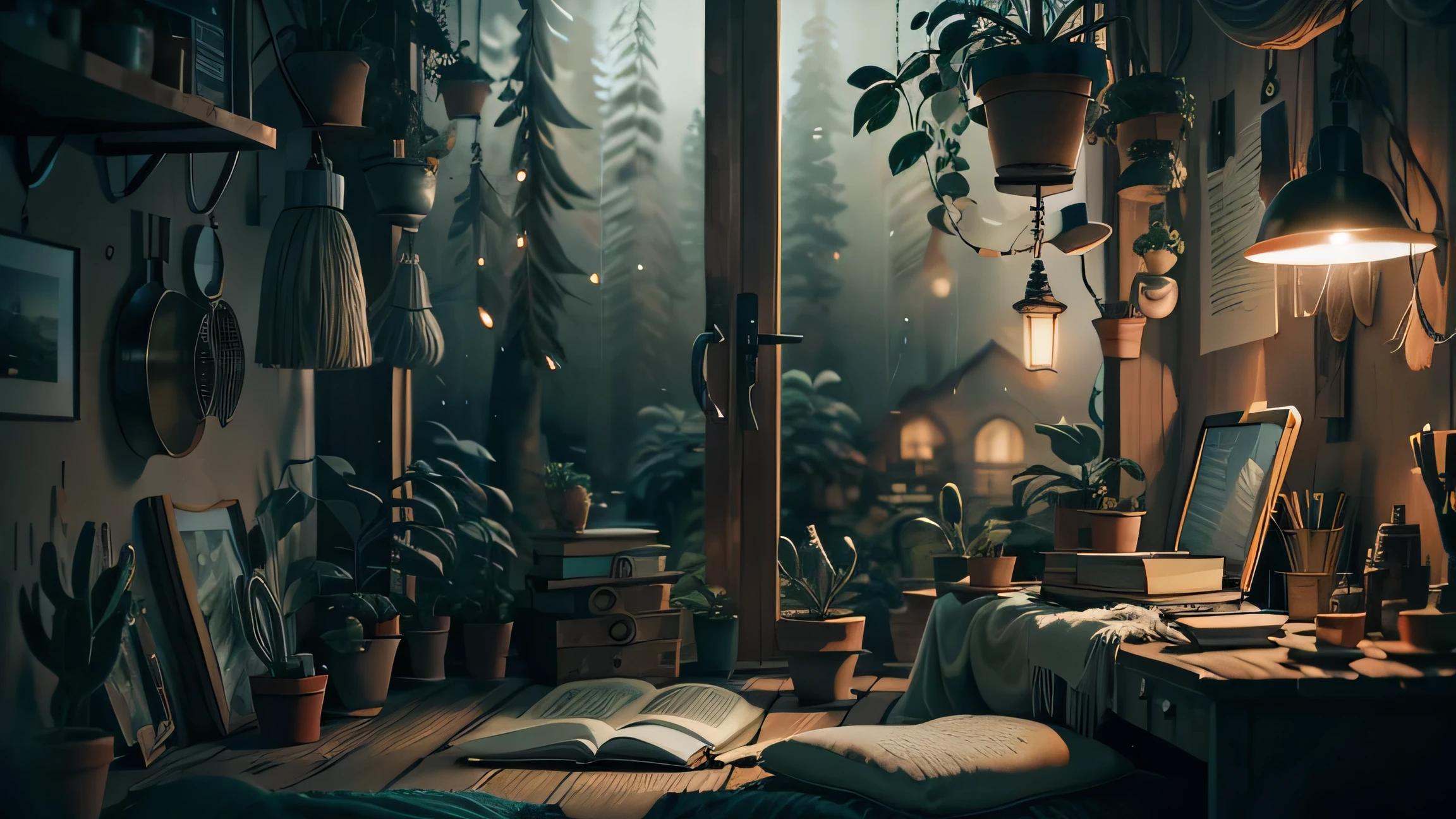 A detailed, cozy office interior with a close up of a large wooden table, a modern desk lamp and a huge glass window overlooking the misty rainforest landscape outside, rain, fog, black sky, photorealistic, studio lighting, 8k, highly detailed, complex, dramatic lighting, moody atmosphere,