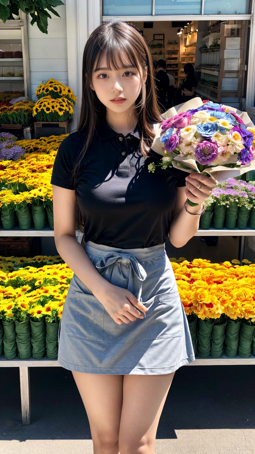 (8K, RAW Photos, Highest quality, masterpiece:1.2), (professional photography, full colors, studio-caliber color grading), (Gravure quality for high-end fashion magazines), close up, BREAK,18 year old girl, (straight hair:1.1), crying a little, Harajuku style, Big Natural Color Lip, (Plumpy body:1.2), (smooth skin:1.1), (huge breasts:1.1), BREAK detailed cloth texture, break, (A tight polo shirt that expresses the roundness and softness of your chest.:1.2 (tight skirt1.1 (black apron:1.2 BREAK (beautiful scenery), ((behind flower shop:1.2)), standing, ((hold a big bouquet:1.2)), (parted lips),