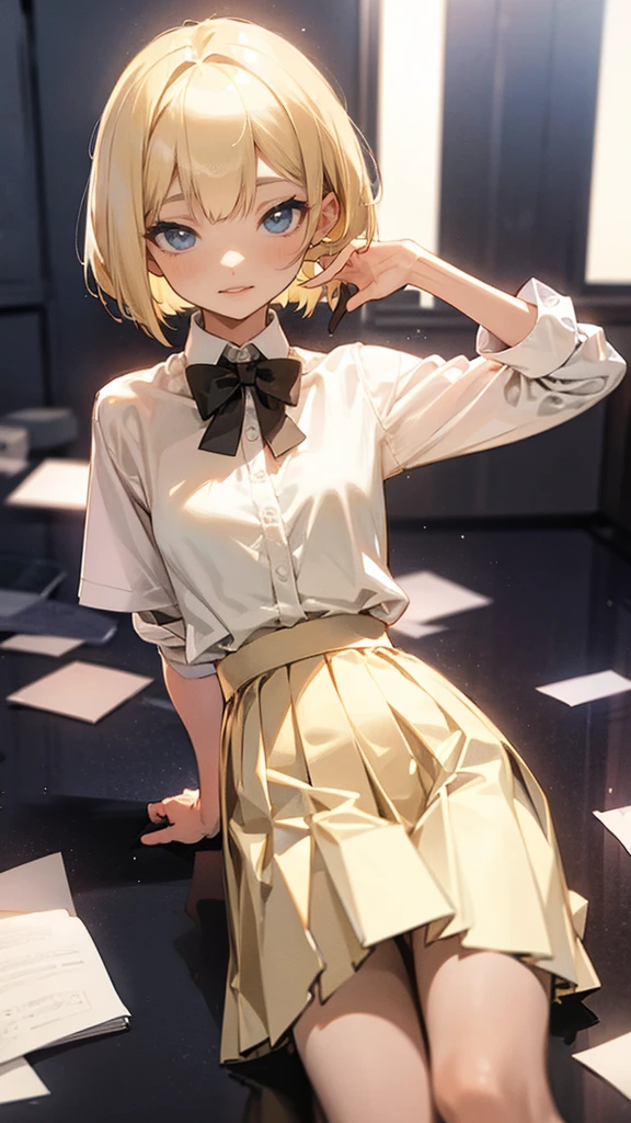 Best quality,fine quality products,detailed,gayaru,slim,blonde bobcut hair,very small breasts,shirt,pleated skirt,looking happy