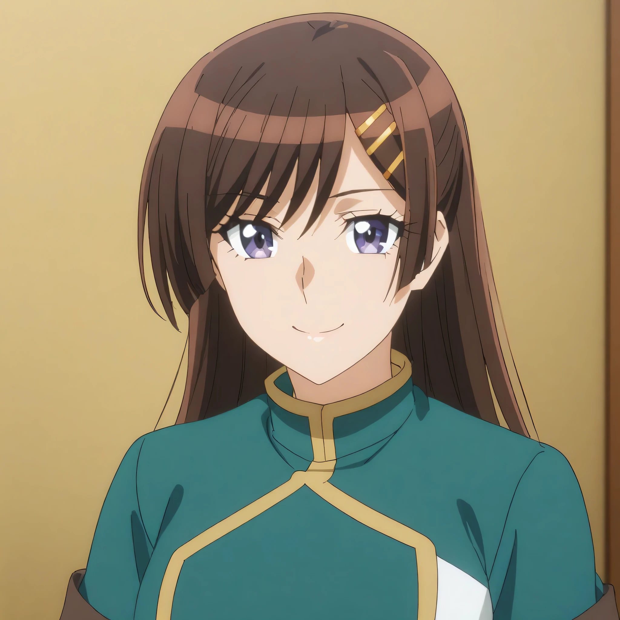 otonashi_hibiki, 1girl, solo, brown hair, purple eyes, brown hair, hair ornament, smile, hairclip, , smile, looking at viewer,