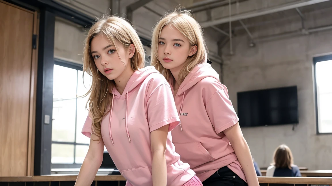 deux femmes blonde ensemble de 18 ans sexy et mince , pink short sleeve hoodie , salle de classe, se touche,position sey,sensuel