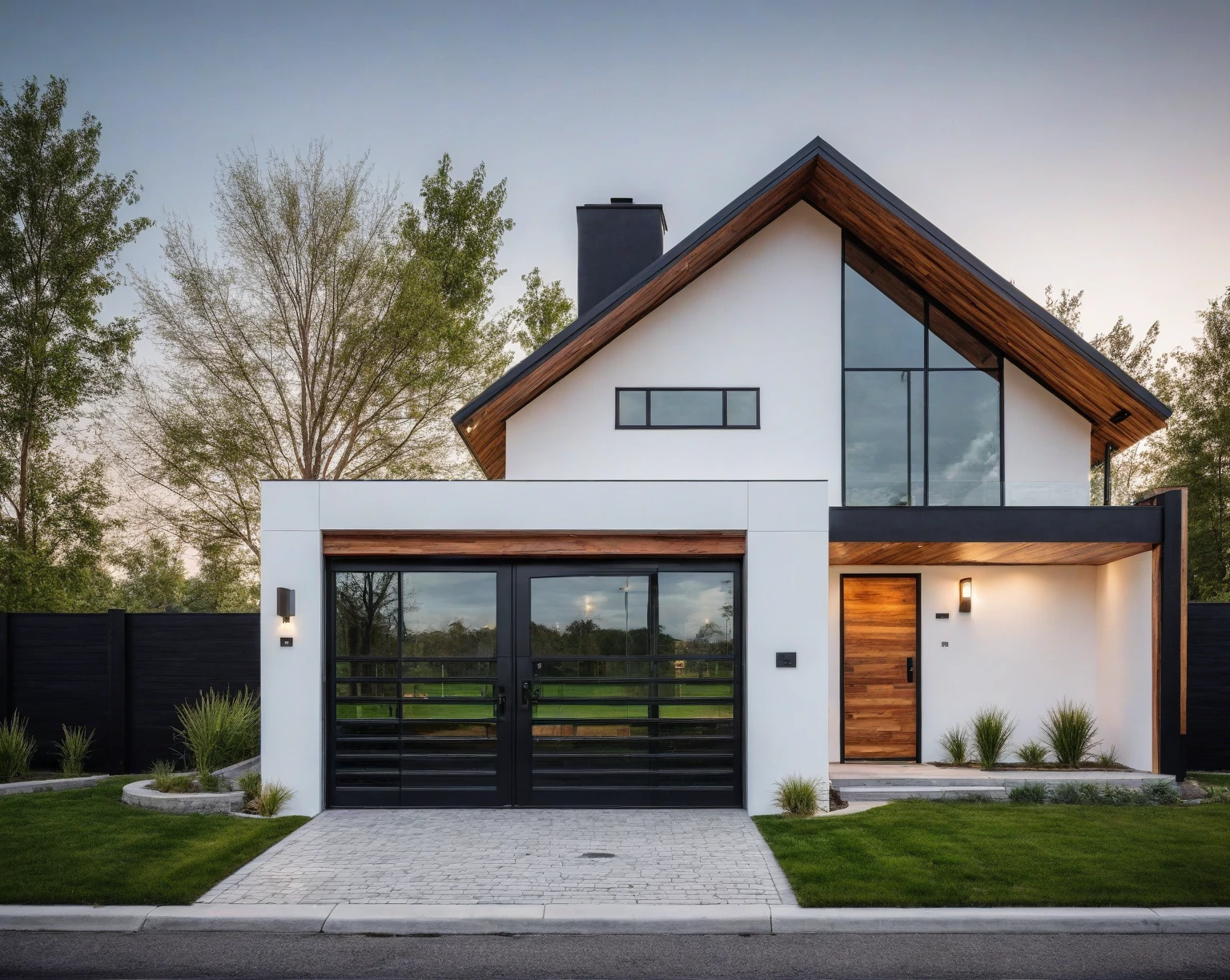 Raw photo, Masterpiece, high quality, best quality, authentic, super detail,
outdoors, house style modern, white wall, revolving wooden door, glass windows, canopy, car, black metal fence, glass railing,
road, grass, trees, nightlight:1.1), vivid colors, (realistic:1.2),