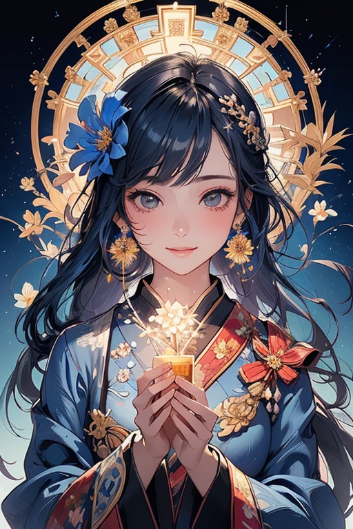 (masterpiece、Top quality、Top quality、Official Art、Beautiful and generous:1.5)、Sexual、sketch、texture、Ultra-high resolution、solo、Beautiful woman、a smile、すごくa smile、Very detailed、(Fractal Art:1.1)、(Colorful:1.1)、(Floral scent:1.5)、The most detailed、(tangled:1.2)、(Dynamic poses)、(Blue Background:1.3)、(Smooth skin)、(Many colors:0.8)、(earrings:1.4)、(feather:0.9)、Taisho Romance