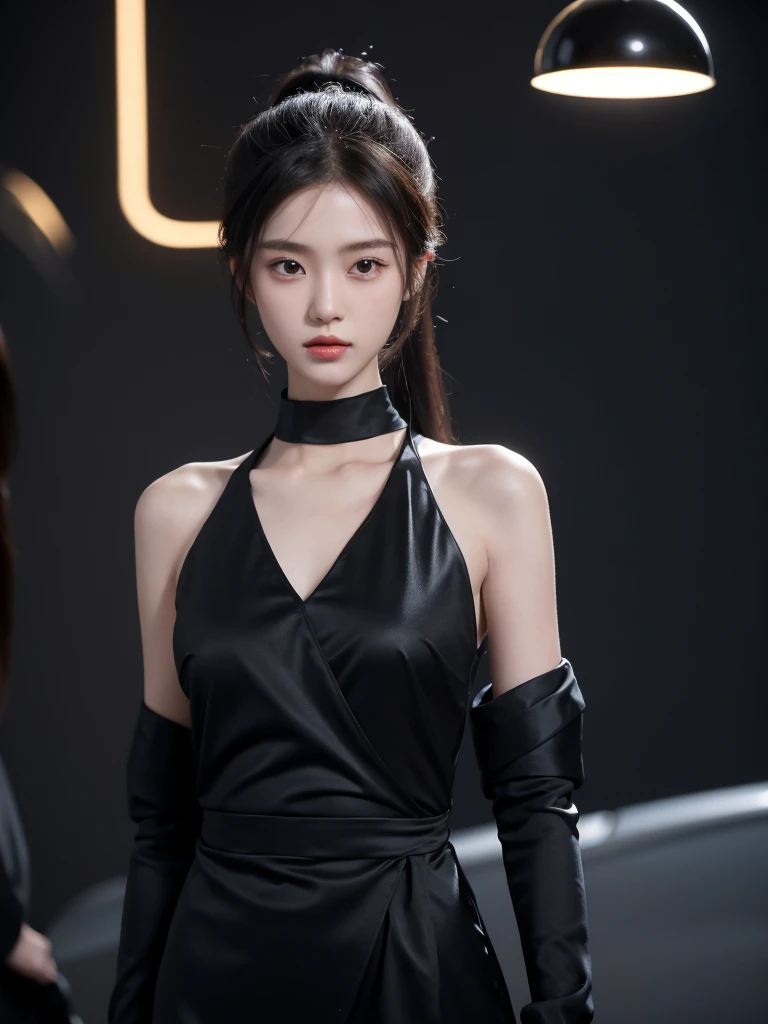 korean model , slim body , 167cm ,Movie Angle,long black ponytails hairstyle, (Cute girl,anatomy correct,artistic wrap dress ,( art,geomerty),(plethora of colorest quality,high detal,tmasterpiece,Cinematic lighting effects,4K,Chiaroscuro)