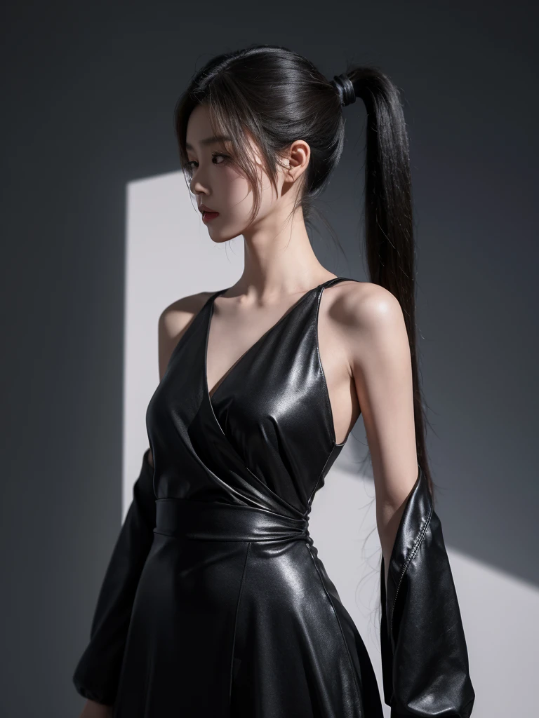 korean model , slim body , 167cm ，Movie Angle，long black ponytails hairstyle, （Cute girl，anatomy correct，artistic wrap dress ，（ art，geomerty），（plethora of colorest quality，high detal，tmasterpiece，Cinematic lighting effects，4K，Chiaroscuro）