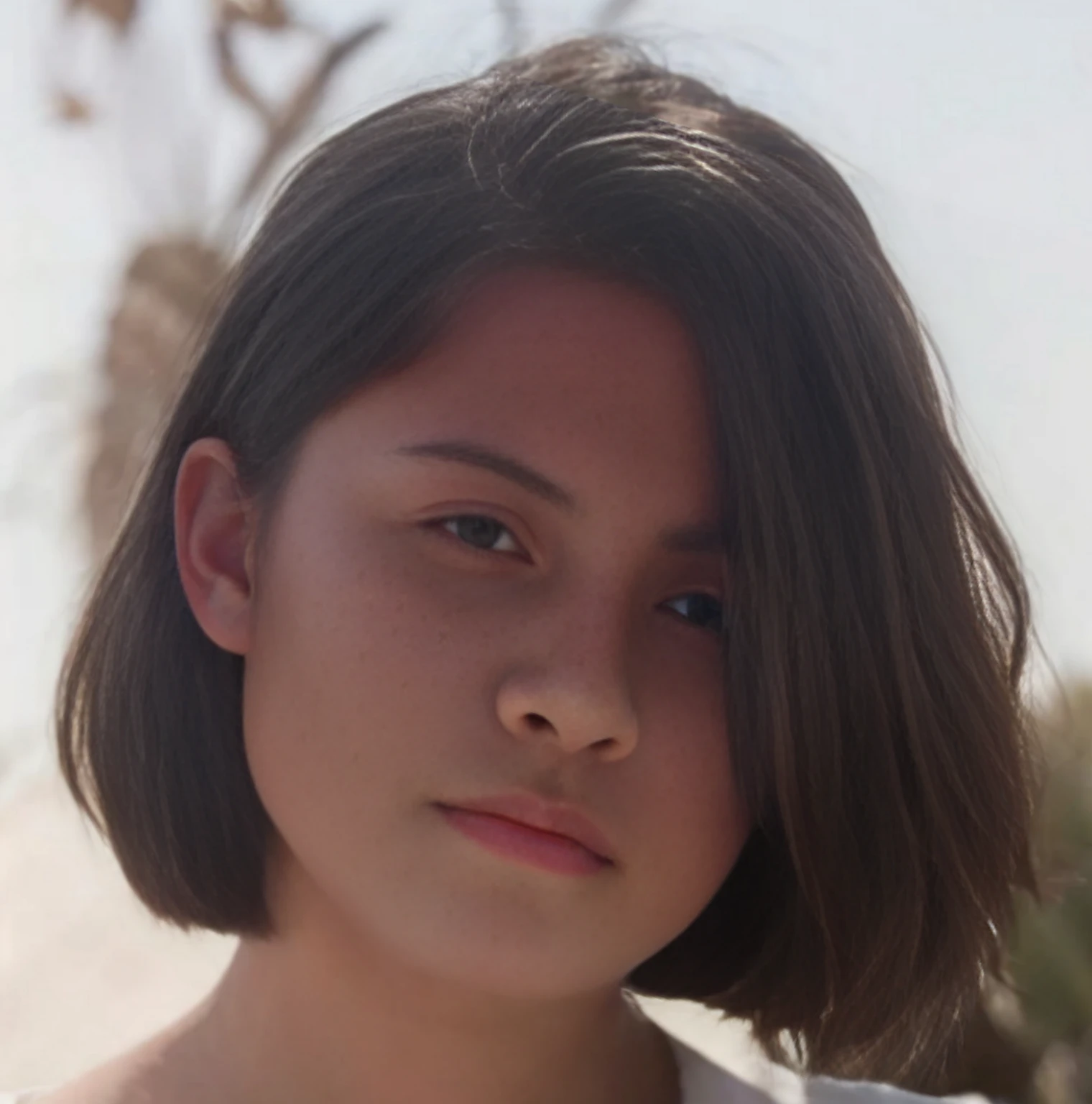 there is a woman from indonesia standing on a beach with a man in the background, in desert, in the desert, in a desert, subtle details, detailed portrait shot, wearing white clothes, with short hair, on the desert
