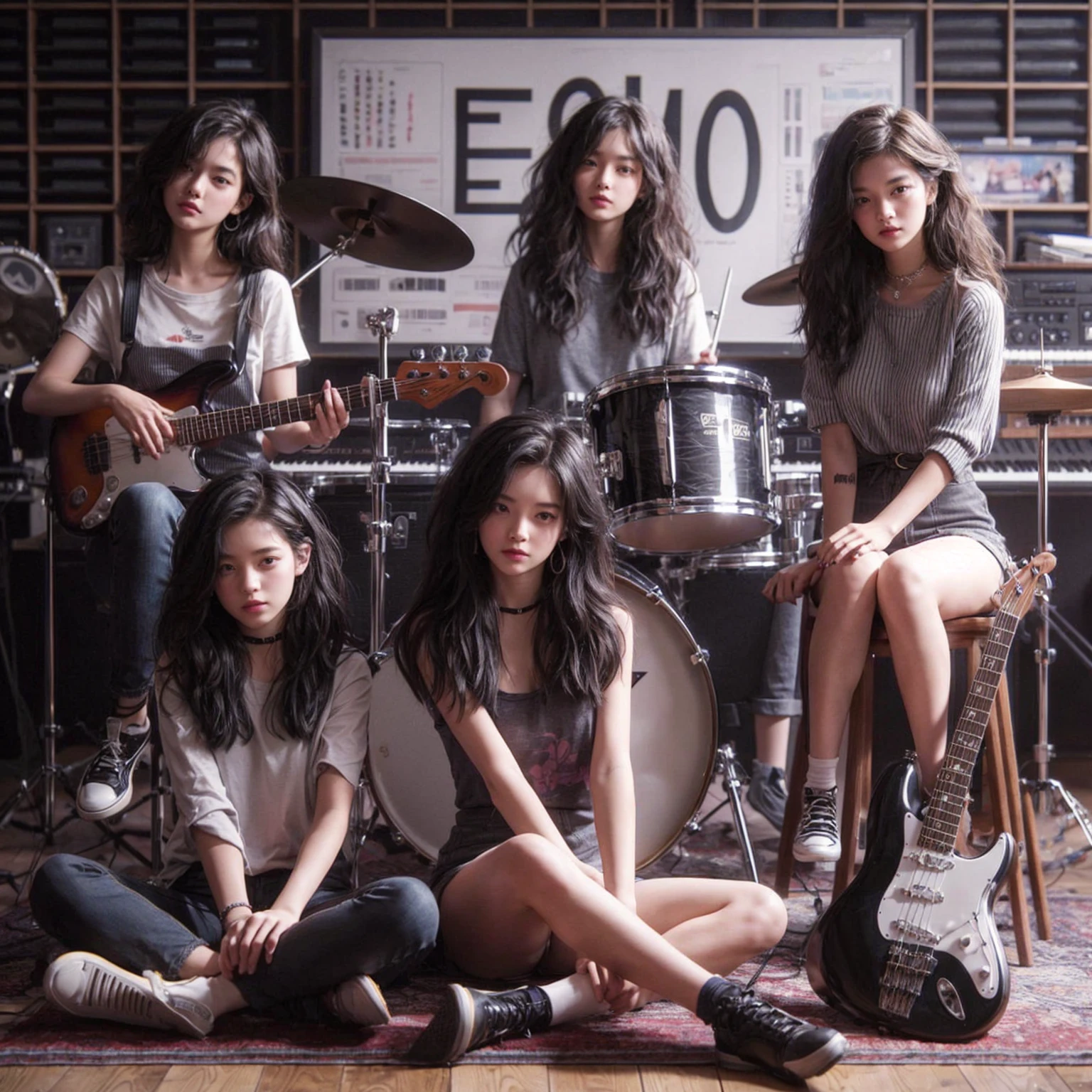 **Photo of 5 beautiful girls, aged 18 to 20, sitting:**

- **3 girls with messy black hair**
- **1 girl with wavy bob black hair**
- **1 girl with a black ponytail**

One girl is playing the drums, one girl is playing the piano, one girl is playing the bass guitar, one girl is playing the guitar, and one girl is singing. They are sitting behind a board with the word "ECHO" written on it. The background is a music studio, complete with drums, guitars, bass guitar, and piano. The image is ultra HD, 4k, photorealistic, raw, and a masterpiece.