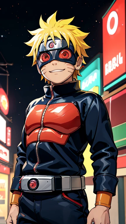 (8k),(masterpiece),(Japanese),(8-year-old boy),((innocent look)),((Childish)),From the front,smile,cute,Innocent,Kind eyes,Flat chest, Uzumaki Naruto, Superhero,Kamen Rider,red helmet,red domino mask,Yellow Hair,Strong wind,night,dark, Neon light cyberpunk Konoha village