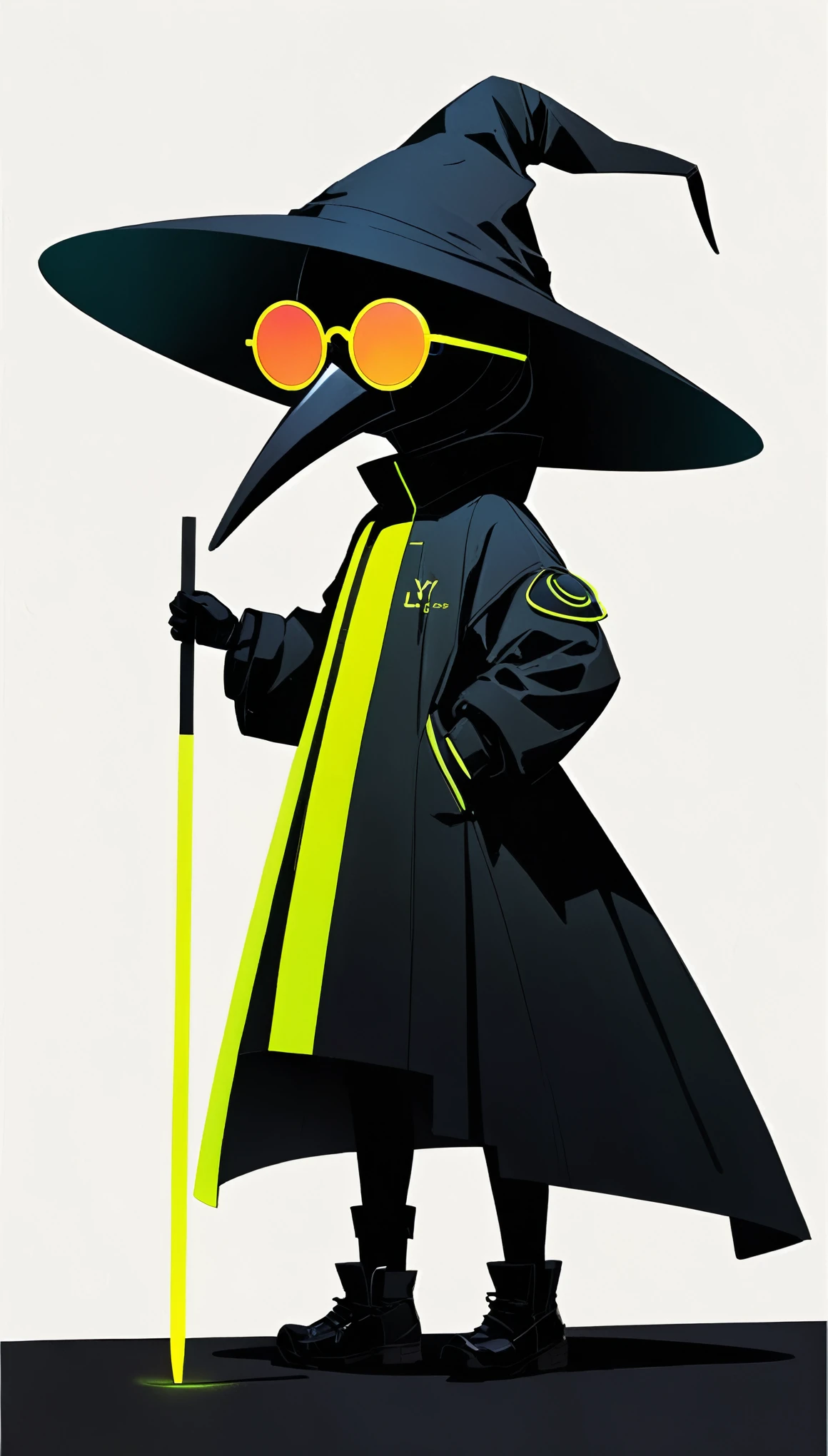 in style of Ashley Wood,in style of by Liu Ye,
1girl,lori figure,loose hip-hop outfits,giant wide-brimmed wizard hat,silhouette,(((neon glowing round sunglasses))),unable to see the eyes,large area blank,minimalist composition,blank,white_background,chinese ink style,plague_doctor_mask
