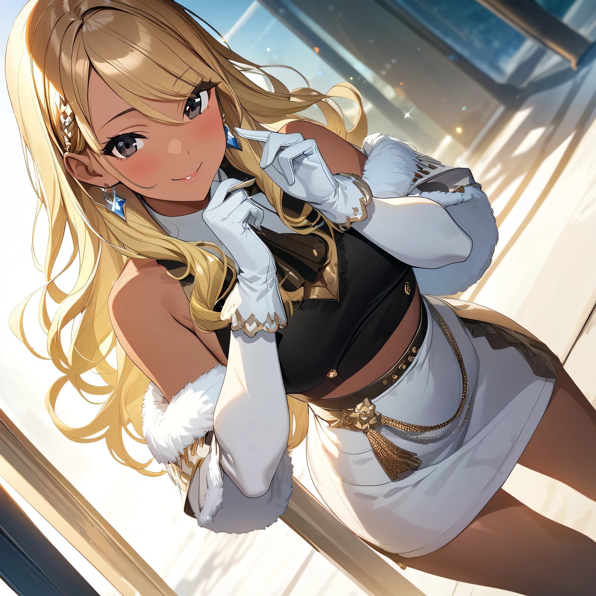 (masterpiece),(best quality),(ultra-detailed),(best illustration),(best shadow),(absurdres),(detailed background),(very aesthetic), mei_izumi, 1girl, solo, blonde hair, gloves, skirt, brown hair, fur trim, dark skin, black eyes, white gloves, white background, dark-skinned female, long hair, multicolored hair, smile 