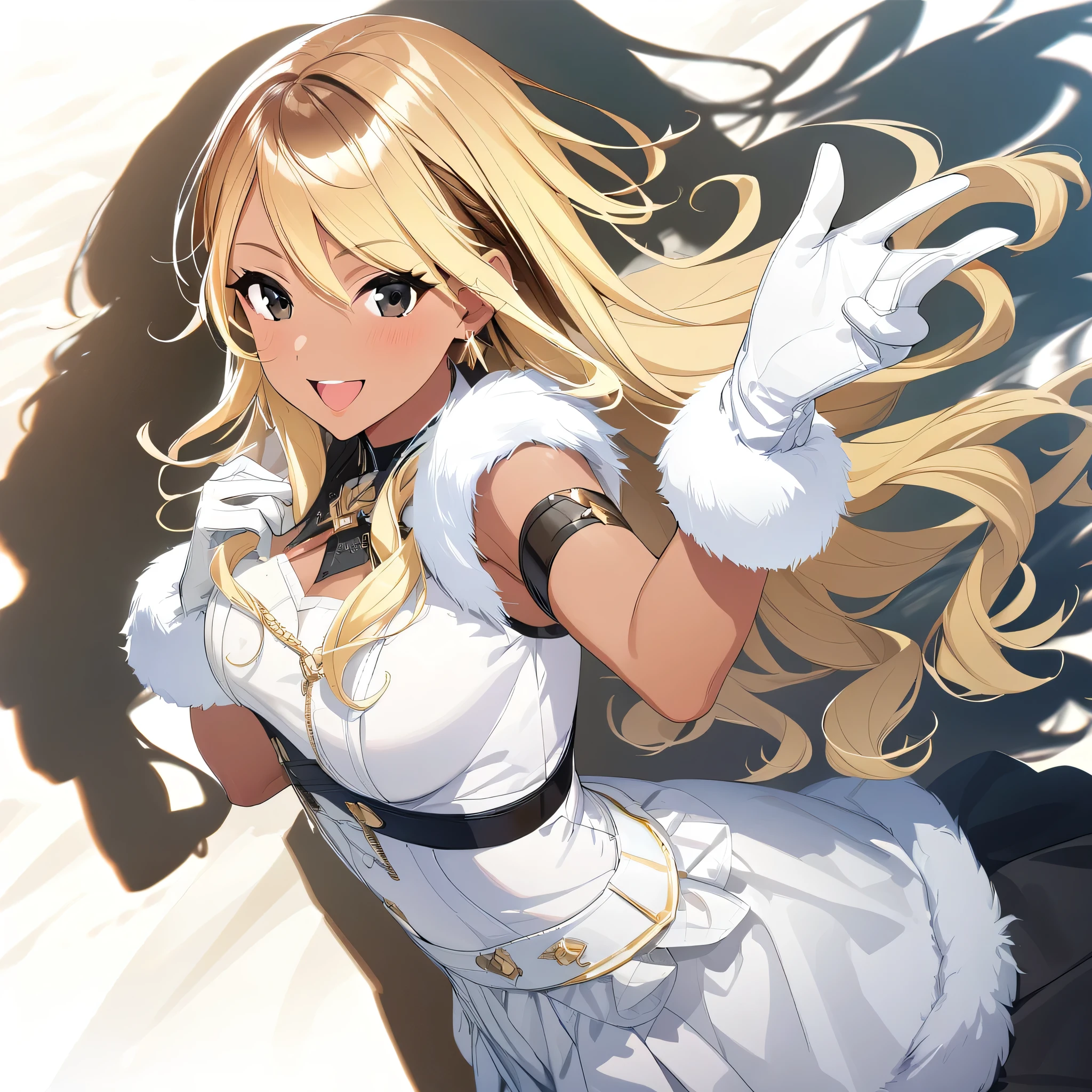 (masterpiece),(best quality),(ultra-detailed),(best illustration),(best shadow),(absurdres),(detailed background),(very aesthetic), mei_izumi, 1girl, solo, blonde hair, gloves, skirt, brown hair, fur trim, dark skin, black eyes, white gloves, white background, dark-skinned female, long hair, multicolored hair, smile 