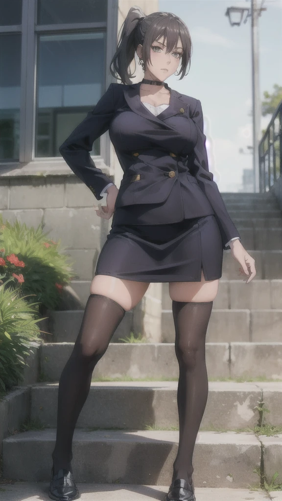 ((Correct Anatomy)),(Detailed image quality),(Female )、((school uniform))、((Sailor suit))、(Mini Pleated Skirt),(((Black Stockings))),((School Uniform)),((standing)),Ultra-high resolution,Mature Woman, Mature Woman, Very detailed,Sunburned skin,Brown Skin,((Beautiful legs)), (Big Breasts),((Beautiful feet)),Perfect hands, Detailed fingers, Beautiful details, ((Long, long hair)),((ponytail)),Black Choker, Earrings,loafers,Perfect Eyes, Captivating eyes,(School stairs)