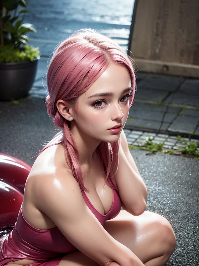 masterpiece,best quality,photo realistic,asda,face,1girl,head,thick lips, pink hair,sitting ,wet,shiny skin, mix4,