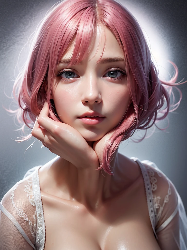 masterpiece,best quality,photo realistic,asda,face,1girl,head,thick lips, pink hair,sitting ,wet,shiny skin, mix4,