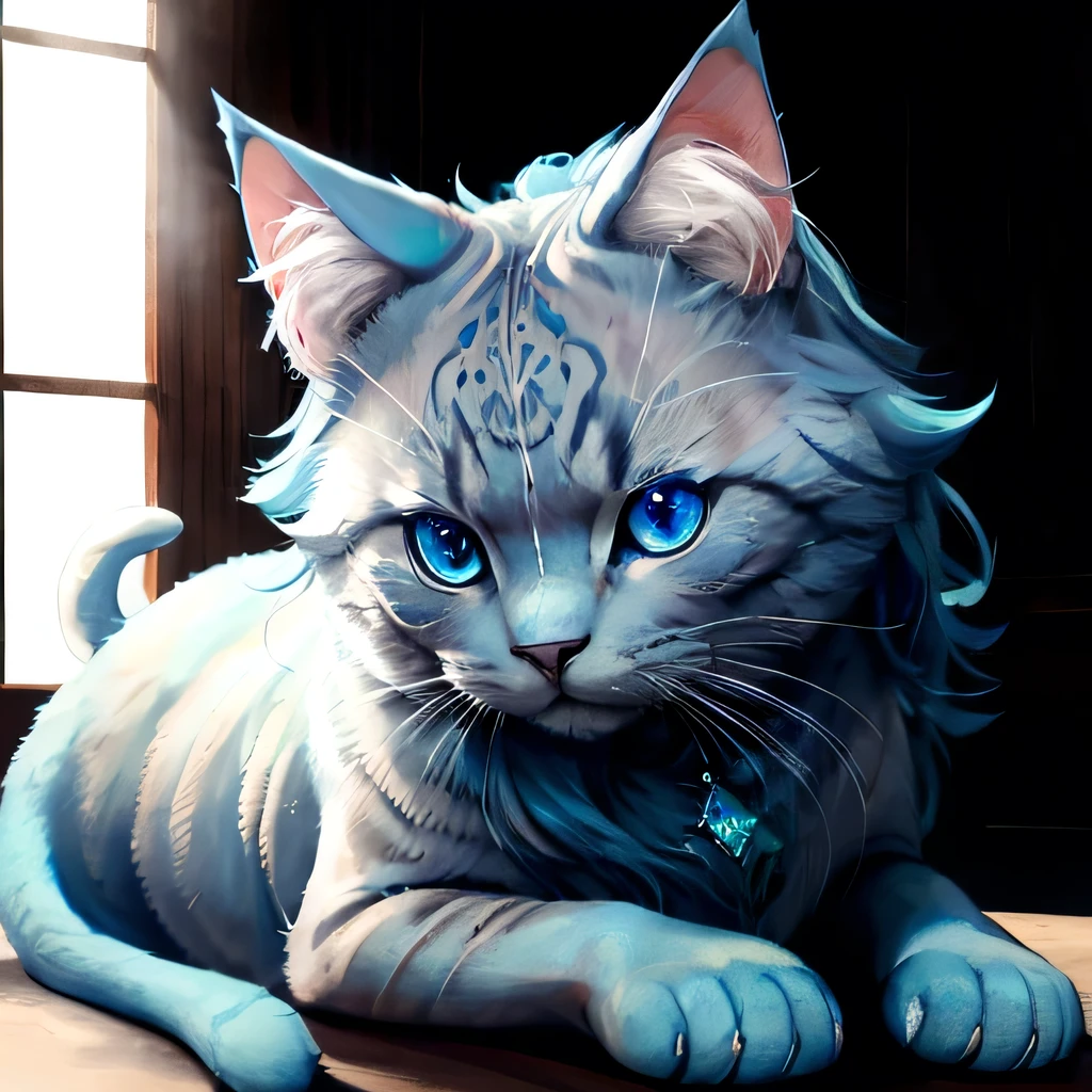 A fluffy blue cat with emerald blue eyes, realistically