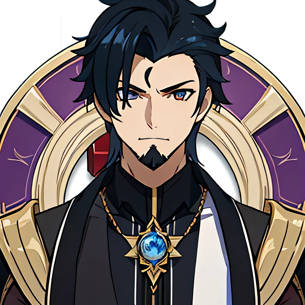 Full HD, best resolution, detalhes perfeitos, simply white background, impacto genshin muscular male character, unique character, Serious appearance, black suite, , wavy black hair, smoothing for behind, goatee, visual novel, detailed black armor, high qualiy, cinematic, dramatic pose, details Intricate, swirly vibrant colors, work of art, impacto genshin, purple jewel on a golden coat of arms