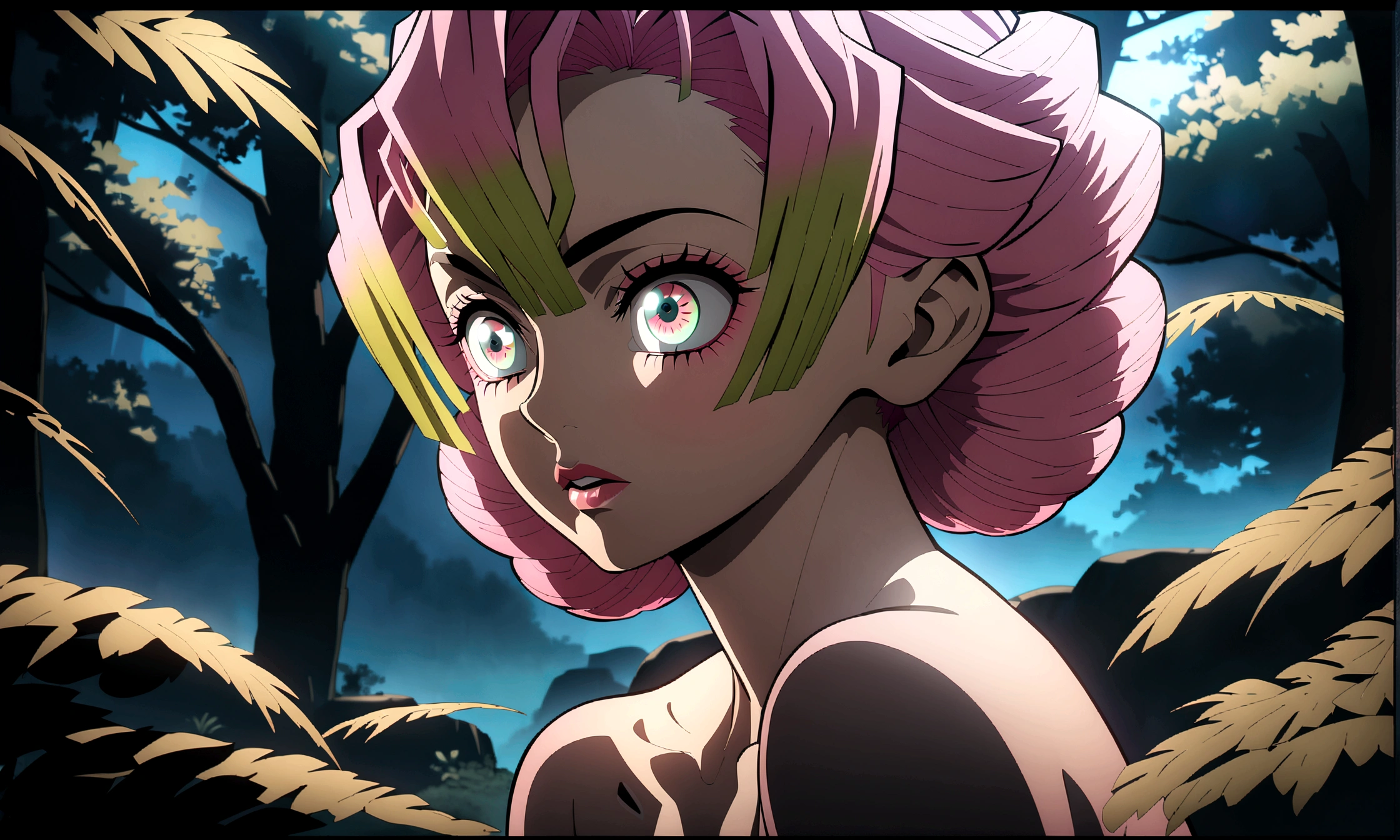 a mitsuri kanroji, beautiful detailed eyes, beautiful detailed lips, extremely detailed face, long eyelashes, young woman with pink hair, anime style, naked, nature background, vibrant colors, cinematic lighting, Demon Slayer stile, 8k, masterpiece, high quality