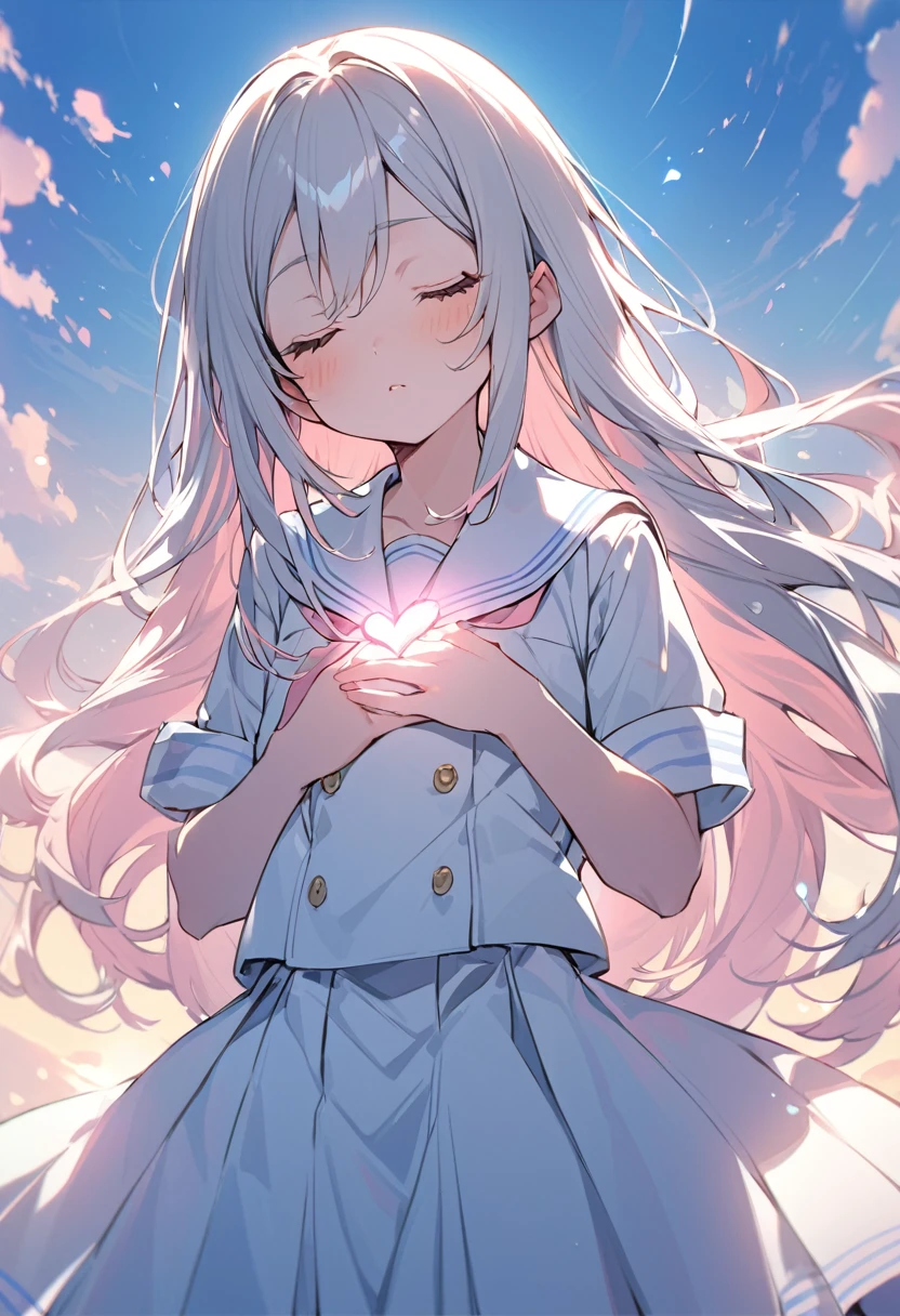BREAK Perfect Anatomy,(High resolution:1.2),Incredible illustrations(Cute illustrations:1.2)(Beautiful background,blue sky、Colorful flowers)1gial((multicolored hair,wavy long hair)closed eyes,serious (sailor uniform),(a girl,tall, height 1.5meters, 40kg),,17-year-old,flat chest)A pensive girl with her hands on her chest(Heart light in your hand)