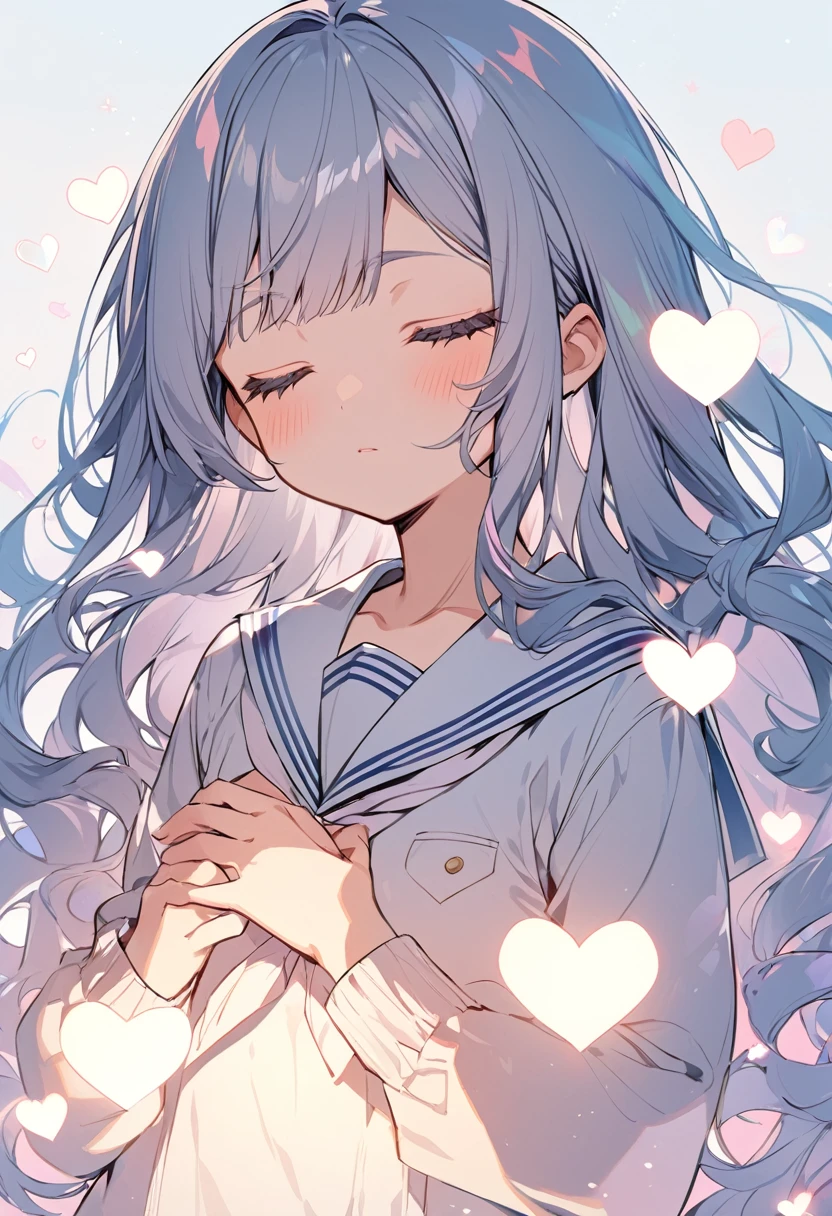 BREAK Perfect Anatomy,(High resolution:1.2),Incredible illustrations(Cute illustrations:1.2)(Beautiful background,blue sky、Colorful flowers)1gial((multicolored hair,wavy long hair)closed eyes,serious (sailor uniform),(a girl,tall, height 1.5meters, 40kg),,17-year-old,flat chest)A pensive girl with her hands on her chest(Heart light in your hand)