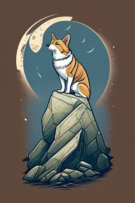 a corgi dog stood on a large rock howling with the moon behind, moody, cartoon style, t-shirt print, detail,