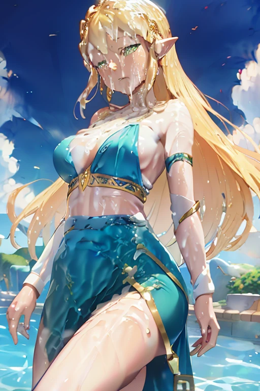 princess zelda, blonde very long hair, green eyes, wearing a sexy blue dress, side slit, ultrasharp, looking at the viewer, ((best quality)), ((masterpiece)), (detailed), perfect face, big breast, sexy body, sexy woman besides her, hugged, An anime scene of two girls hugging and kissing intensely, with hearts and sparkles floating around them as they stand in pool of water