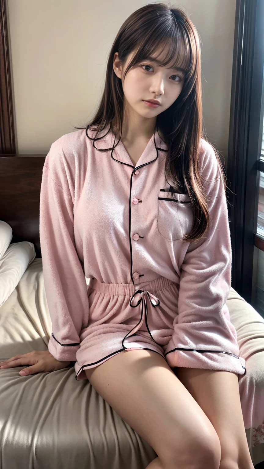 (8K, RAW Photos, Highest quality, masterpiece:1.2), (professional photography, full colors, studio-caliber color grading), (Gravure quality for high-end fashion magazines), close up, BREAK,18 year old girl, (straight hair:1.1), crying a little, Harajuku style, Big Natural Color Lip, (Plumpy body:1.2), (smooth skin:1.1), (huge breasts:1.1), BREAK (pink theme:1.4), (tucked-out tweed pattern pajamas:1.3), (long sleeve:1.2 (short culottes:1.3 (bare legs:1.2