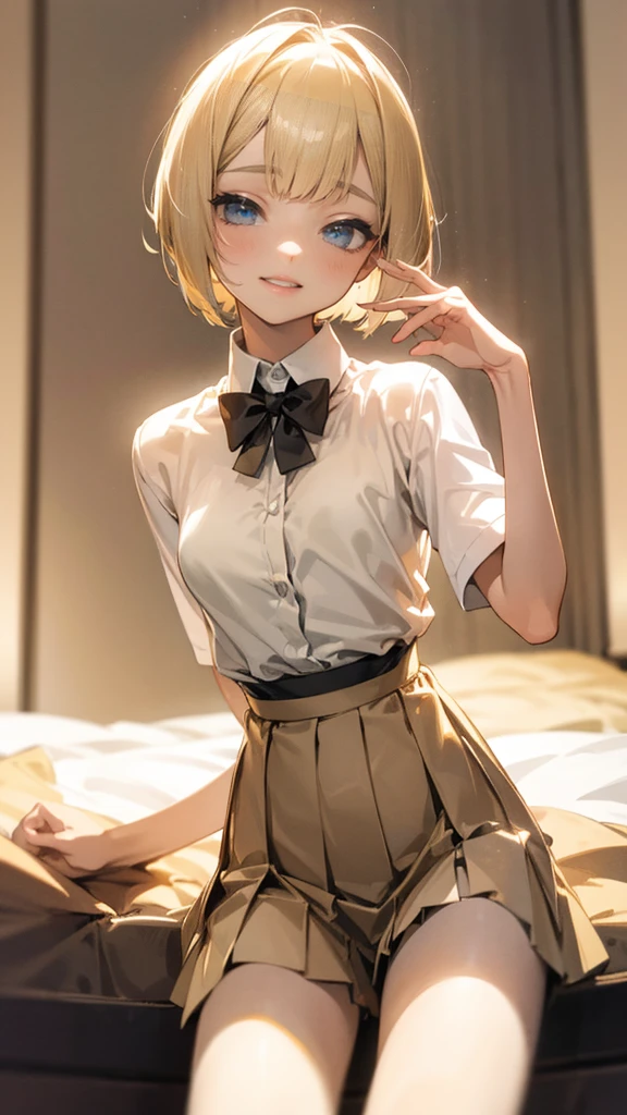 Best quality,fine quality products,detailed,gayaru,slim,blonde bobcut hair,very small breasts,shirt,pleated skirt,looking happy