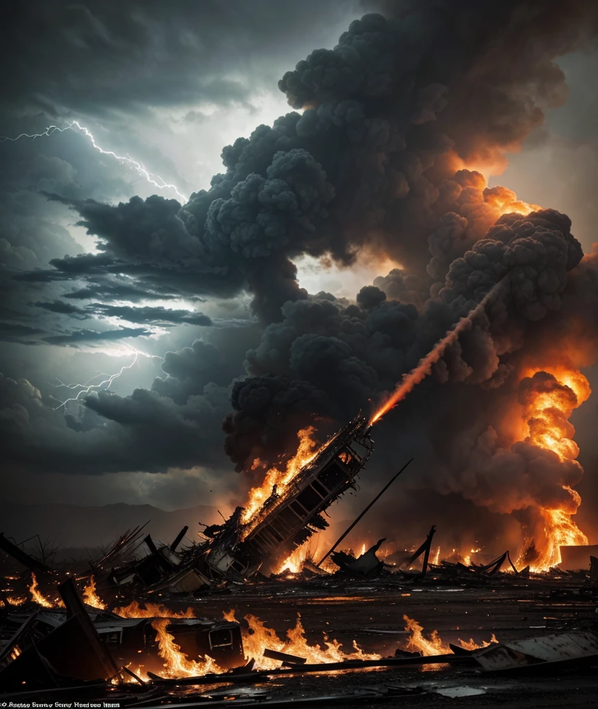 A terrifying plane crash caused by a fearsome lightning strike, the scene vividly captures the chaos and destruction: flames licking at charred wreckage, billowing dark clouds overhead, a closeup view highlighting the intensity of the disaster. This cinematic photograph showcases the raw power and realism of the tragedy, with dramatic lighting and stunning detail bringing the harrowing event to life. The high-quality image immerses viewers in the heart-pounding moment, leaving an unforgettable impact.