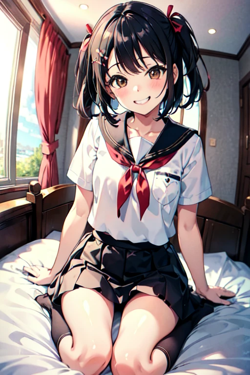 Highest quality、Black Hair、Iris、short hair、girl、cute、************、、Small hair ornament、1 person、Sailor suit、Red ribbon、Navy Skirt、Black knee-high socks、On the bed、Sex