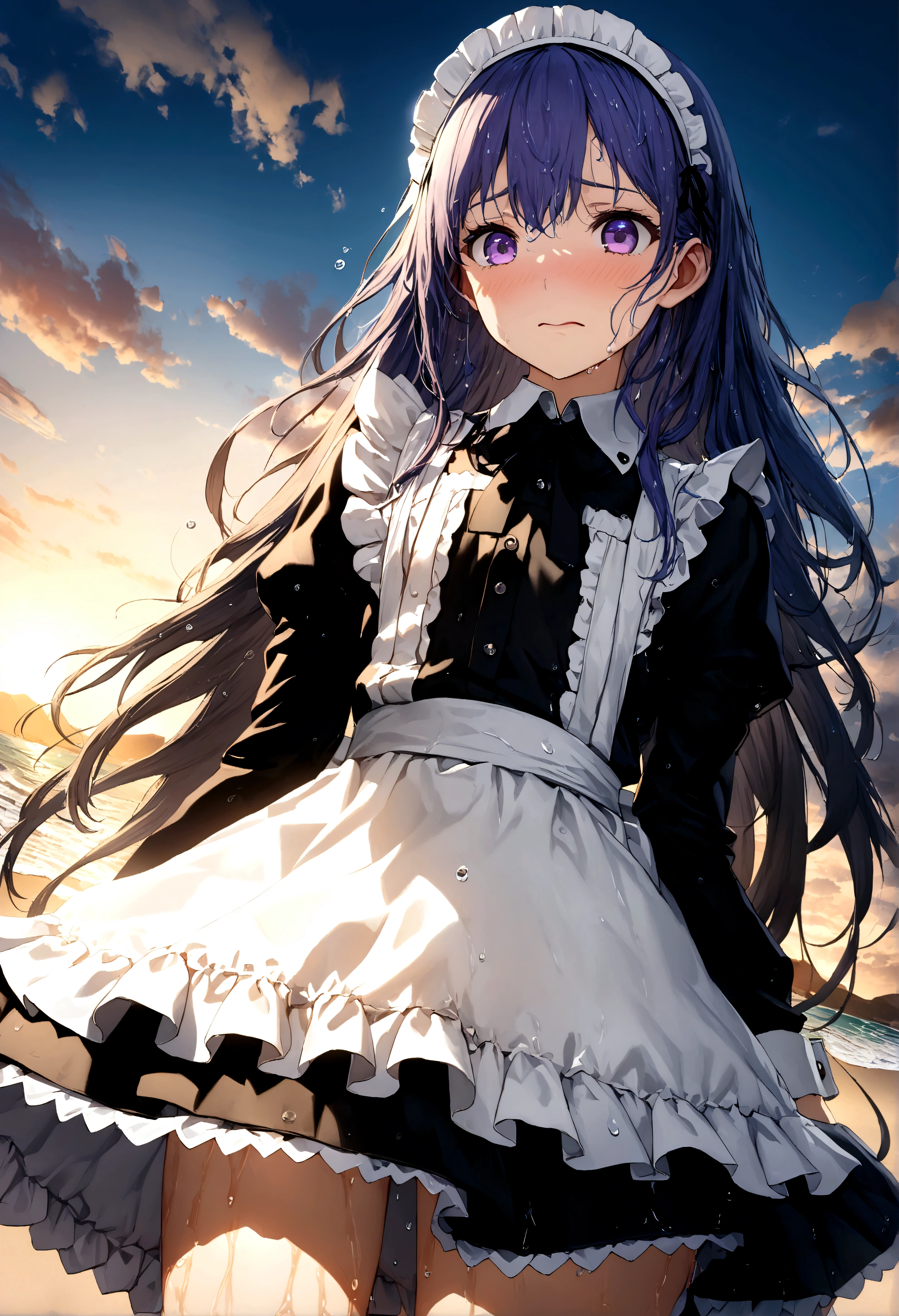 ((32k)), ((best quality)), ((ultra high res)), ((HDR)), ((UHD)), ((extremely detailed CG)), ((unity 32k wallpaper)), (((14 years old))), ((multicolored long hair)), purple eyes, (((White competitive swimsuit))), (beach background), ((embarrassed)), (wet body), (wet hair), (peer in from below), (cowboy shot), (maid), (Maid clothes), (maid apron), 