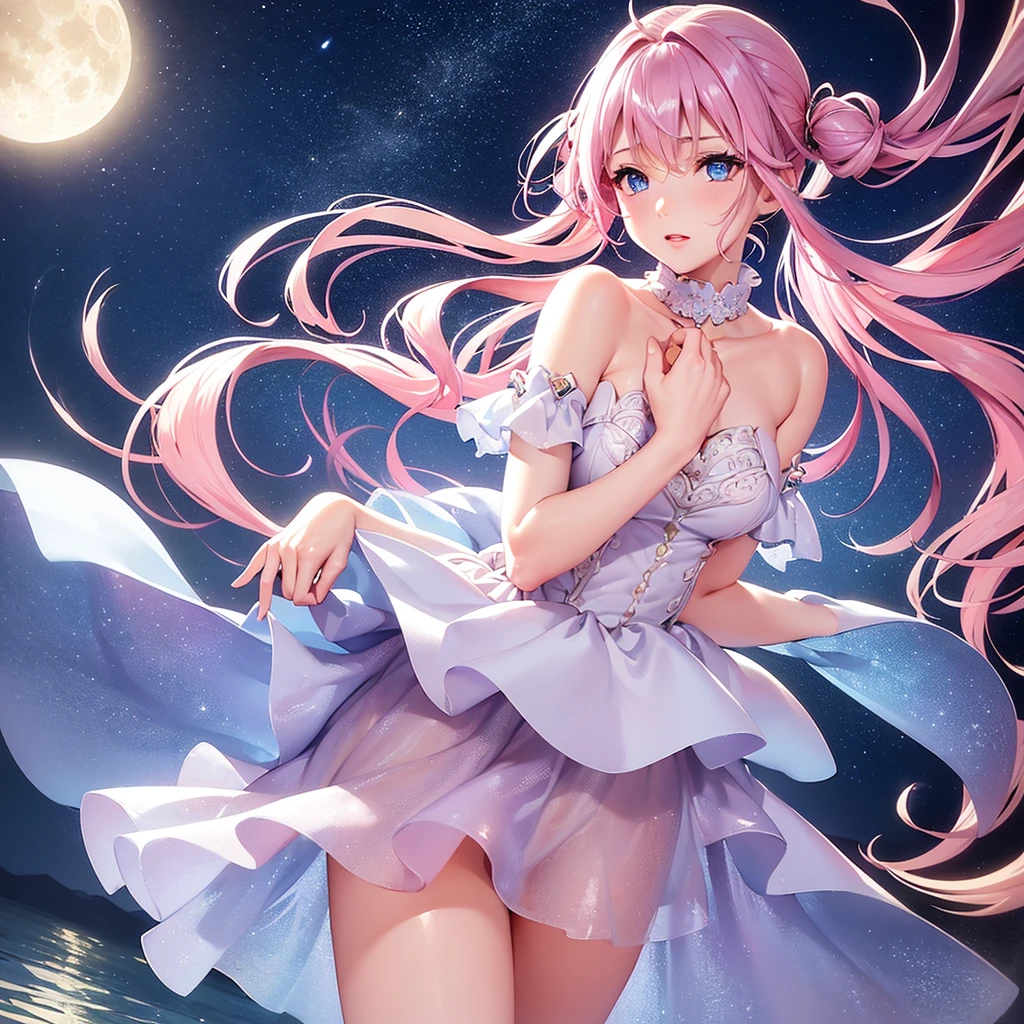 (Highest quality、Highest quality、Masterpiece、Very delicate、Very detailed、Exquisite、16K、Full HD)、(Adorable poses、Dynamic Pose)、1 female、(White shiny decollete dress、Golden embroidery、Silver embroidery、Frill mini skirt dress、Skirt in the wind、Pink frills)、Perfect body line、Realistic、Glowing Skin、(Groomed eyebrows、Pink Lips、Blue Eyes)、(Pink Hair、Twin tails、Shiny Hair)、Dramatic lighting、(star、moon、water、star空)