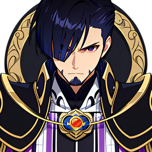 Full HD, best resolution, detalhes perfeitos, simply white background, impacto genshin muscular male character, unique character, Serious appearance, black suite, 小柄, wavy black hair, smoothing for behind, goatee, Visual novel, detailed black armor, high qualiy, cinematic, dramatic pose, details Intricate, swirly vibrant colors, work of art, impacto genshin, purple jewel on a golden coat of arms