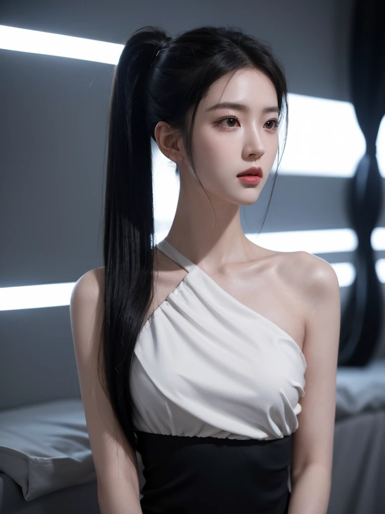 korean model , slim body , 167cm ，Movie Angle，long black ponytails hairstyle, （Cute girl，anatomy correct，artistic white cropped ，（ art，geomerty），（plethora of colorest quality，high detal，tmasterpiece，Cinematic lighting effects，4K，Chiaroscuro）