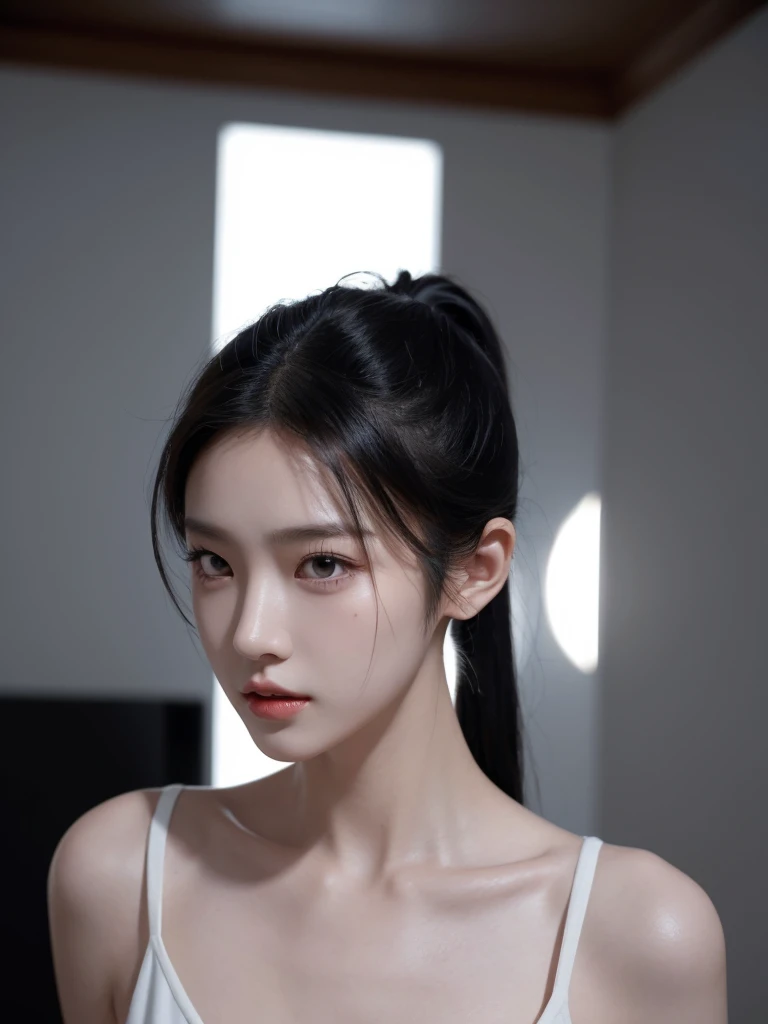 korean model , slim body , 167cm ,Movie Angle,long black ponytails hairstyle, (Cute girl,anatomy correct,artistic white cropped ,( art,geomerty),(plethora of colorest quality,high detal,tmasterpiece,Cinematic lighting effects,4K,Chiaroscuro)