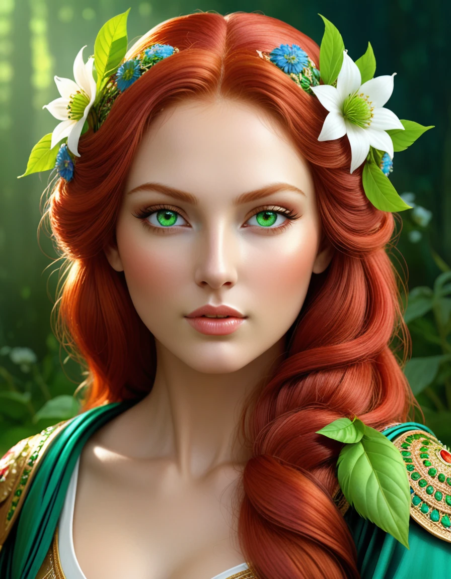 very beautiful portrait of a beautiful goddess, beautiful fantasy girl, Beautiful girl, The mythology of the goddess of the earth, beautiful fantasy portrait, flower goddess, red hair with green eyes detailed face, Russian folk style , in glazing technique , digital painting, glazing technique, 3D графика, HD,