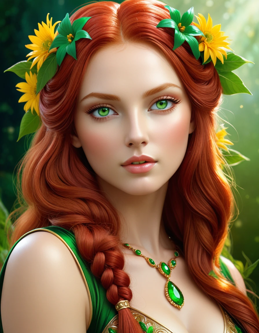 very beautiful portrait of a beautiful goddess, beautiful fantasy girl, Beautiful girl, The mythology of the goddess of the earth, beautiful fantasy portrait, flower goddess, red hair with green eyes detailed face, Russian folk style , in glazing technique , digital painting, glazing technique, 3D графика, HD,