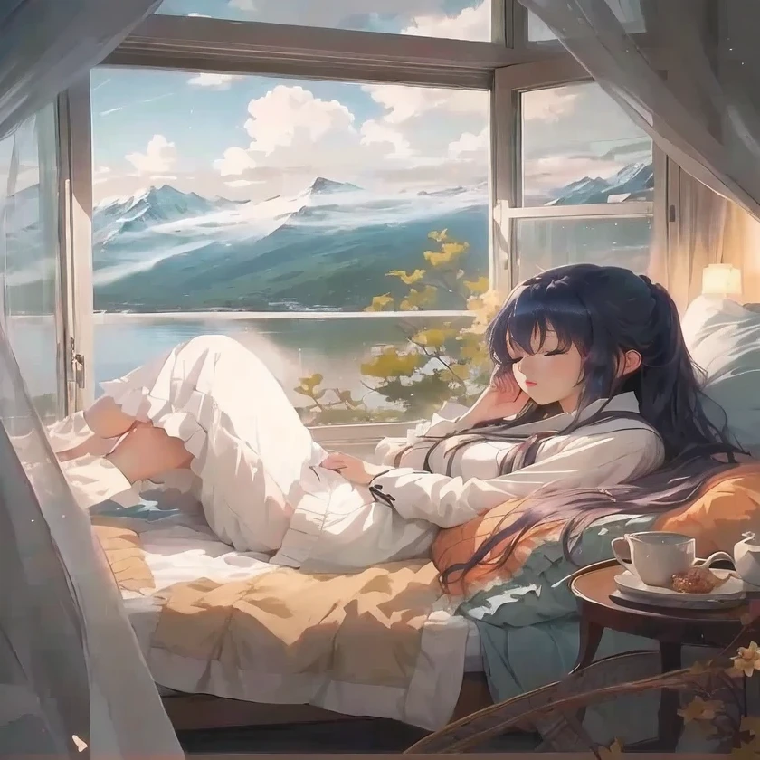Anime girl lying on the bed,Enjoy mountain views, Anime style 4k,With eyes closed,Eyes closed