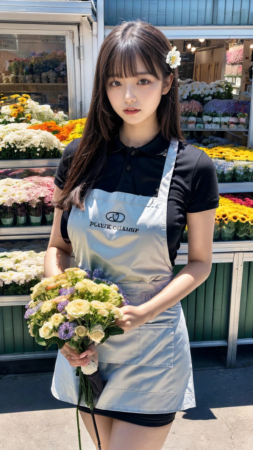 (8K, RAW Photos, Highest quality, masterpiece:1.2), (professional photography, full colors, studio-caliber color grading), (Gravure quality for high-end fashion magazines), close up, BREAK,18 year old girl, (straight hair:1.1), crying a little, Harajuku style, Big Natural Color Lip, (Plumpy body:1.2 (smooth skin:1.1 (huge breasts:1.1 BREAK detailed cloth texture, break, (A tight polo shirt that expresses the roundness and softness of your chest.:1.2 (tight skirt1.1 (black apron:1.2 BREAK (beautiful scenery), ((behind flower shop:1.2)), standing, ((hold a big bouquet:1.2)), (parted lips),