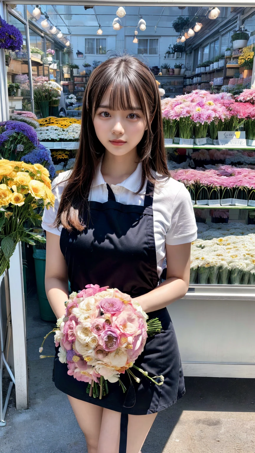 (8K, RAW Photos, Highest quality, masterpiece:1.2), (professional photography, full colors, studio-caliber color grading), (Gravure quality for high-end fashion magazines), close up, BREAK,18 year old girl, (straight hair:1.1), crying a little, Harajuku style, Big Natural Color Lip, (Plumpy body:1.2), (smooth skin:1.1), (huge breasts:1.1 BREAK detailed cloth texture, break, (A tight polo shirt that expresses the roundness and softness of your chest.:1.2 (tight skirt1.1 (black apron:1.2 BREAK (beautiful scenery), ((behind flower shop:1.2)), standing, ((hold a big bouquet:1.2)), (parted lips),