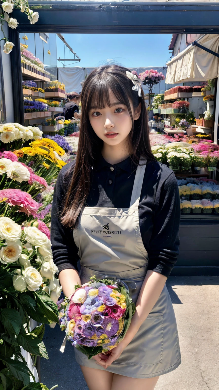 (8K, RAW Photos, Highest quality, masterpiece:1.2), (professional photography, full colors, studio-caliber color grading), (Gravure quality for high-end fashion magazines), close up, BREAK,18 year old girl, (straight hair:1.1), crying a little, Harajuku style, Big Natural Color Lip, (Plumpy body:1.2), (smooth skin:1.1), (huge breasts:1.1 BREAK detailed cloth texture, break, (A tight polo shirt that expresses the roundness and softness of your chest.:1.2 (tight skirt1.1 (black apron:1.2 BREAK (beautiful scenery), ((behind flower shop:1.2)), standing, ((hold a big bouquet:1.2)), (parted lips),