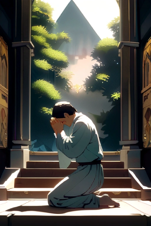An image of a man kneeling in prayer, outdoors, demonstrating his devotion to God.