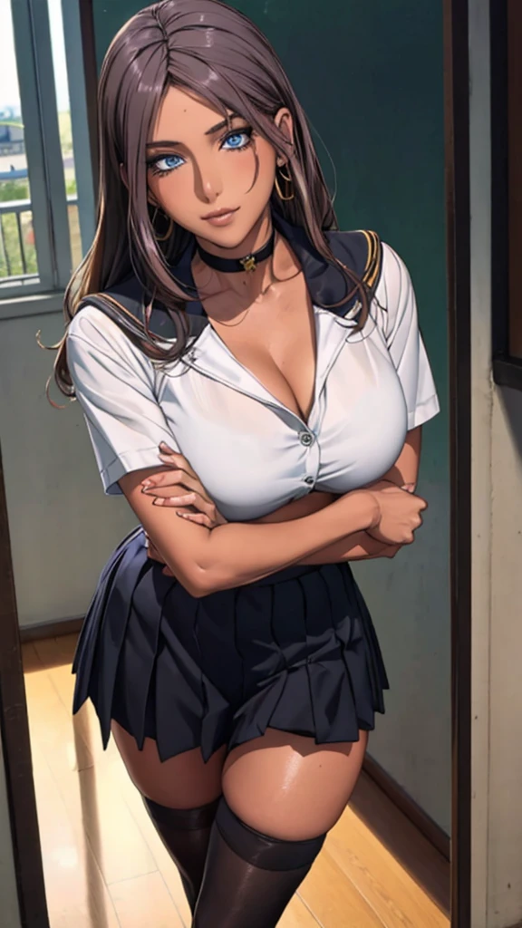 ((Correct Anatomy)),(Detailed image quality),(Female )、((school uniform))、((Sailor suit))、(Mini Pleated Skirt),(((Black Stockings))),((School Uniform)),((standing)),Ultra-high resolution,Mature Woman, Mature Woman, Very detailed,Sunburned skin,Brown Skin,((Beautiful legs)), (Big Breasts),((Beautiful feet)),Perfect hands, Detailed fingers, Beautiful details, ((Long, long hair)),((Sexy pose)),Black Choker, Earrings,loafers,Perfect Eyes, Captivating eyes,(School stairs)